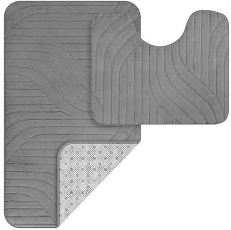 HOMELUX Badmattor set 2 delar halkfri badrumsmatta mjuk fluffig badrumsmatta 60 x 100 cm badmatta 60 x 50 cm WC matta med utskärning, grå, 2 BL