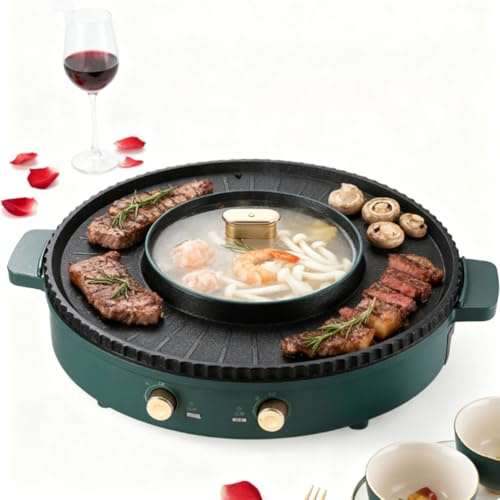 YIGECHENXIN Parrilla de Olla Caliente Redonda Multifuncional 2 en 1, Sartén Eléctrico de Gran Capacidad, Configuración de Temperatura Ajustable, Fácil de Limpiar para 3-8 Personas