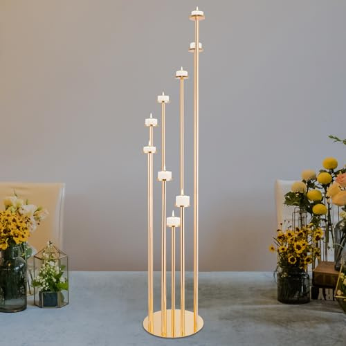 Candelabro dorado de 9 brazos, soporte de vela de metal, candelabro alto con 9 brazos de diferentes alturas, para fiestas, bodas, decoraciones de mesa y decoración del hogar