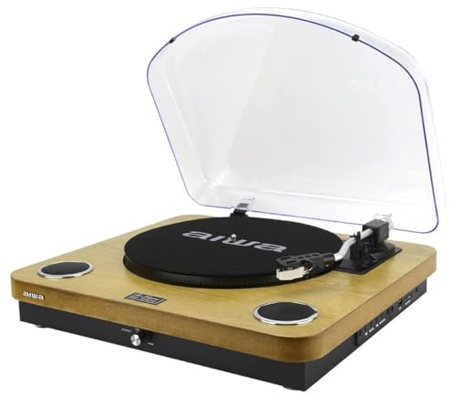 AIWA LPS-25WD skivspelare | 3-växlad 33/45/78 varv; Bluetooth 5,4; integrerade högtalare 2 × 5 W, USB/RCA-ljud; FM-radio, träfärg