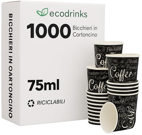 ecodrinks - 1000 Bicchieri Caffe Carta Da 75ml - Set Bicchierini Monouso per Bevande Calde/Fredde - Biodegradabili, Eco-friendly e Made in Italy, Nero