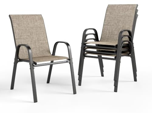 PHI VILLA Gartenstühle 4er Set, Gartensessel Stapelstühle Hochlehner, Wetterfest Terrassenstühle aus Textilene und E-Beschichtung Metall für Terrasse Veranda Hinterhof Poolbereich