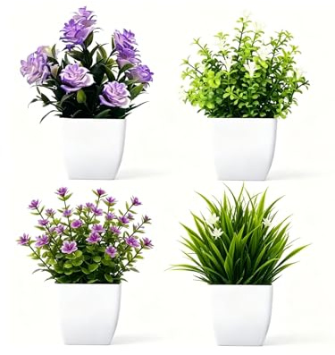 Set of 4 Pack Fake Plants,Small Artificial Faux Greenery with Flower Plants | Indoor Outdoor Plastic Artificial Plants for Indoor & Outdoor Decor, Living Room, Bathroom, Office, Desk, Garden & Home Pots