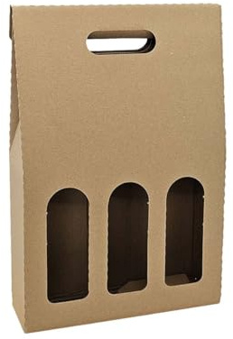 10 x Wein Geschenk Tragekarton aus Wellpappe mit glatter Oberfläche, braun, mit offenem Sichtfenster 3er 0,75l