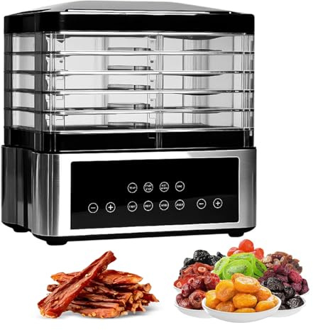 Deshidratador de Alimentos de 5 Bandejas, Deshidratador Compacto de 90W con Termostato Ajustable 30-75°C, Distribución Uniforme del Calor, Temporizador Inteligente Para Cecina, Frutas y Verduras