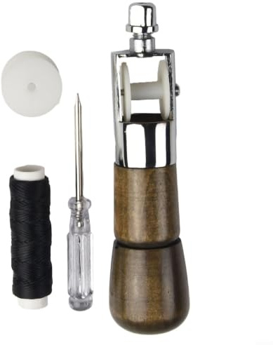 Bebykilemi Kit de punzón de costura con cerradura para coser, agujas dobles, mango de madera e hilo encerado para manualidades, vela de lona y tienda de campaña, proyectos hechos a mano