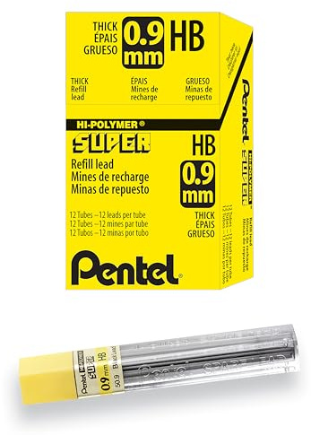 Pentel Super Hi-Polymer Lead Refill, (0.9mm) Thick, HB, 180 Pieces of Lead, 12 Tubes of Lead (50-9-HB)