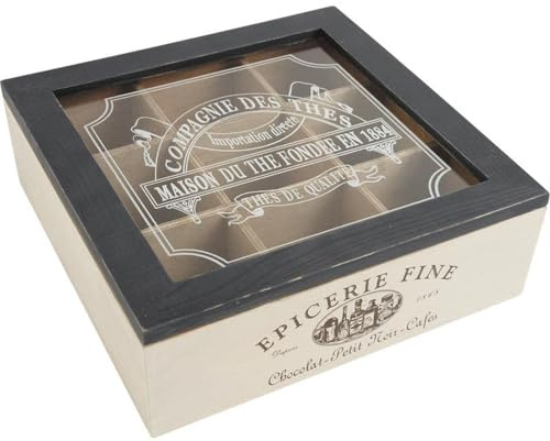 AUBRY GASPARD - Boîte à Thé 9 Compartiments - Bois et Verre - 24x24x8 cm - Noire et Marron - Livré Monté - Poids 0.88 kg - Idéale pour Organiser et Conserver Vos Infusions