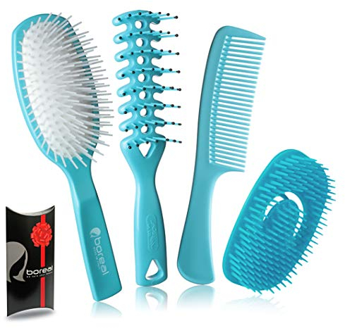 Set Spazzola Capelli Districante. Pneumatica + Asciugatura + Pettine + Districante. Adatto all'uso in Doccia. Capelli Bagnati, Asciuti, Lunghi, Lisci, Ricci. Adatte a Distribuire Creme e Balsamo.