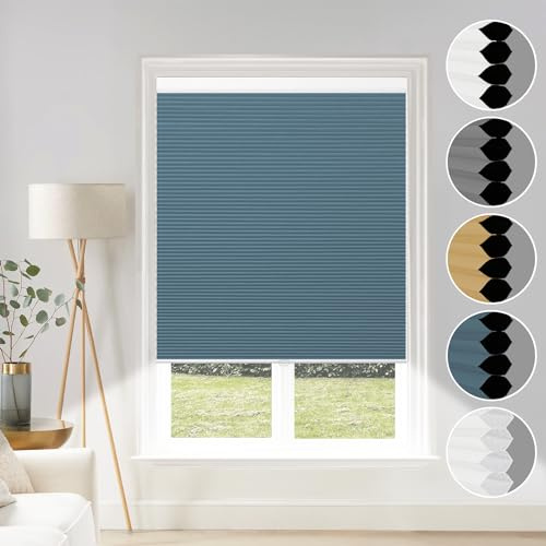 Cellular Shades Blackout Cordless Cellular Blinds Honeycomb Blinds Window Shades Room Darkening Shade Ocean Blue-White, 31(W) x 64(H)