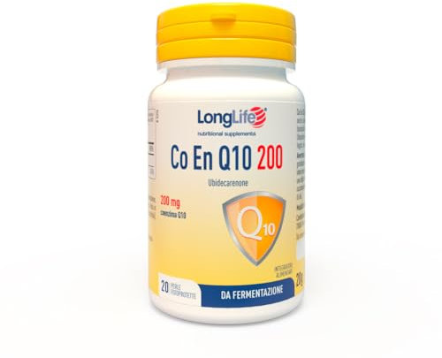 LongLife® CO EN Q10 200mg | Coenzima Q10, ubidecarenone puro | Alto dosaggio e vitamina E | Da fermentazione | 20 perle fotoprotette | Senza glutine e certificato Halal