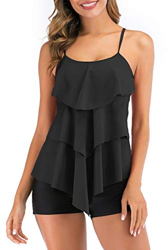 FLYILY Maillot de Bain 2 Pièces Femme Tankini Ensembles à Volants Maillot Haut Imprimé avec Short de Garçon Maillots de Bain Grande Taille