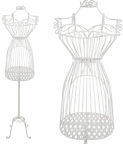PrimoLiving Mannequin de Tailleur en Métal DIVA en Blanc Antique - Avec Compartiment et Espace de Rangement Buste de Mannequin Décoratif Look Vintage Buste Féminin Support à Vêtements P-14110