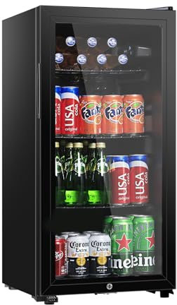 HAILANG Beverage Refrigerator, 3.2 Cu.Ft, Mini Fridge with Glass Door for Soda Beer, Freestanding Beverage Cooler for Office, Bar, Adjustable Shelving&Adjustable Foot