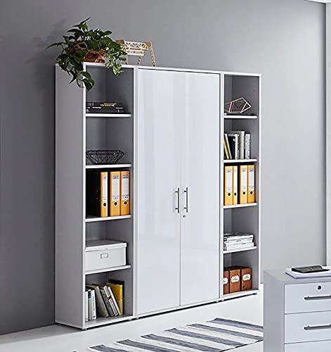 Schrankwand Office Edition abschliessbarer Aktenschrank Büroschrank Büromöbel Regal in Lichtgrau/Weiß Matt… (Set 3)