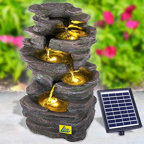Solar Gartenbrunnen Brunnen Solarbrunnen Zierbrunnen Wasserfall Gartenleuchte Teichpumpe für Terrasse, Balkon, mit Pumpen, mit Liion-Akku & Led-Licht (KÖNIGS-FELS)