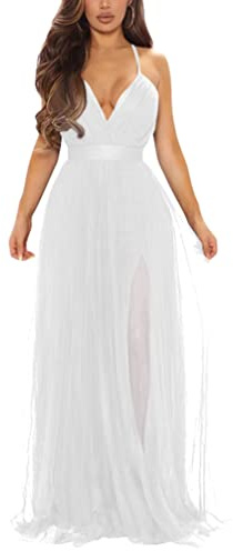 XXTAXN Womens Sexy Deep V Neck Split Cocktail Formal Prom Maxi Dress White