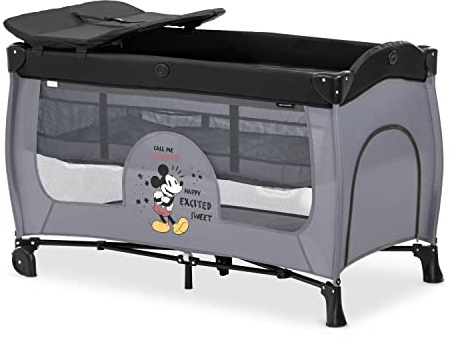 hauck Kinderreisebett Sleep N Play Center mit Neugeboreneneinhang, Wickelauflage, Tragetasche, Rollen, Schlupf, Klein Zusammenklappbar, ab Geburt bis 15 kg (Disney Mickey Mouse Grey)
