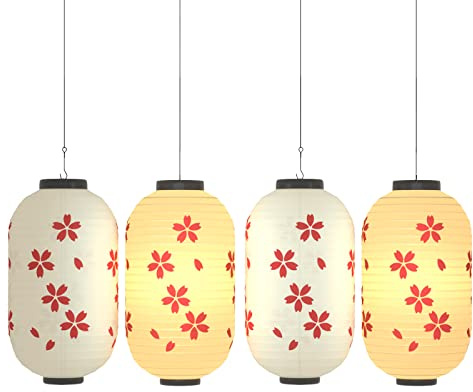 Traditional Japanese Style Beige White Silk Cherry Blossom Lantern 8 x 14 Inch, ZUEXT Set of 4 Waterproof Indoor Outdoor Festival Theme Birthday Party Home Yard Lanterns Japanese Eateries Decor