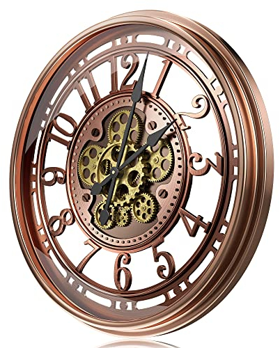 TOKTEKK Wanduhr Große 53cm mit Bewegliche Zahnrad, Vintage Retro Industriell Metall Wanduhr Romische Zahlen für Zimmer Zuhause KüChe Schlafzimmer Büro Schule (Retro Rot)