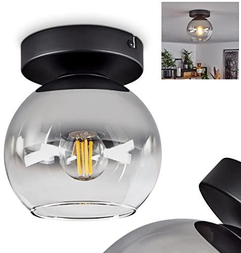 HOFSTEIN Deckenleuchte Koyoto, Deckenlampe aus Metall/Glas in Schwarz/Chrom/Rauch/Klar, Leuchte im Retro/Vintage-Design mit Schirm aus Glas, Ø 15 cm, E27, Schlafzimmer, Wohnzimmer, Küche, Esszimmer