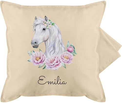 Kissenbezug - Pferde - Pferdekopf Motiv mit Name personalisiert I Pferdemotiv I Pferd Name - 50 x 50 cm - Beige Natur - personalisierte Geschenke mädchen pferdekissen Reiter pferdemädchen