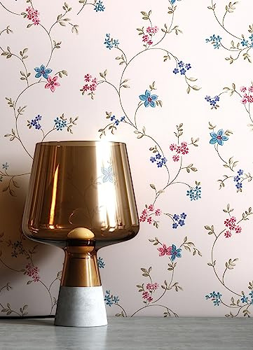 Newroom Vliestapete Blau Blumentapete Floral Landhaus Wohnzimmer | filigrane Blütenranken, glatte Struktur, cremeweiß mit Pink und Olivgrün, Mustertapete Wandtapete, Schlafzimmer Flur