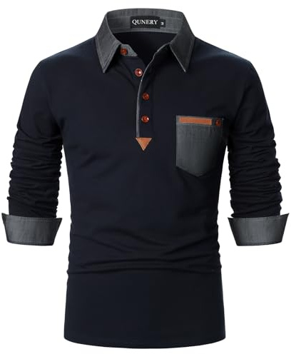QUNERY Poloshirt Herren Langarm Getäfelt T Shirts Golf Tennis Hemden Casual Tops Navy blau XL