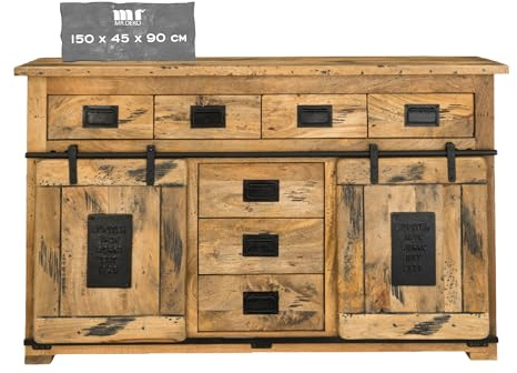 MR. DEKO Kommode Florenz Mango Holz Vintage-Optik | Schubladen & Schiebetür | Stauraum für Wohnzimmer & Flur | Kleiner Schrank | Shabby-Chic Sideboard | 150x45x90cm Mehrzweckschrank Komode | Möbel