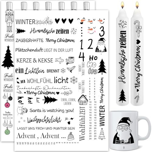 Kerzentattoos Weihnachten, Rub on Sticker Christmas, Farbige Kerzensticker Folie zum Verschönern von Kerzen und Keramik mit Ihrem eigenen Stil, A4 Größe