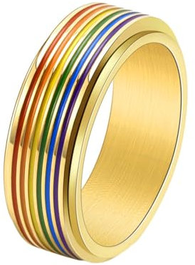 Whoiy Partnerringe Freundschaftsringe mit Gravur Personalisiert 8MM für Männer, Regenbogen Edelstahlring Spinner Ringe für Zappeln Gold Ausgefallene Eheringe Größe 60 (19.1)