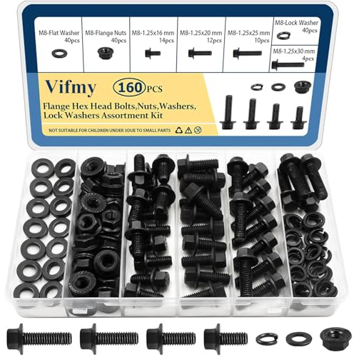 Vifmy M8-1,25 Bolzen x (Länge 16/20/25/30 mm) Flanschkopfbolzen-Sortiment (160-Stück) mit 8-mm-Bolzen, gezähnten Flanschmuttern, Unterlegscheiben, legiertem Stahl, schwarz oxidiert, Vollgewinde