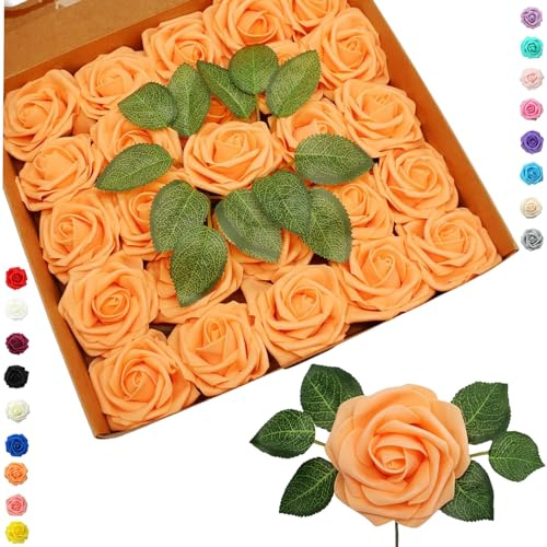 COSORO 25 Stück Orange Künstliche Blumen Rosen,Deko Blumen Realistisch Schaumrosen mit Stielen Basteln für Bouquet Brautstrauß,Hochzeit,Geburtstagsdeko,Heimdekoration,Arrangements Party Deko,Garten