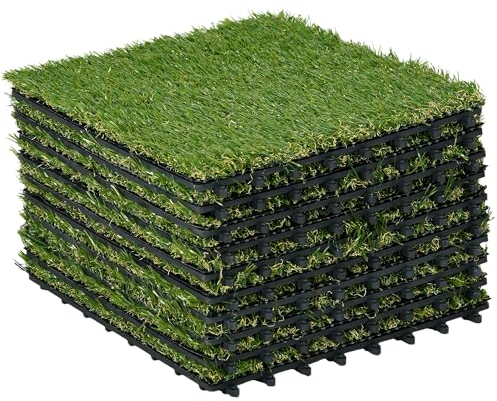 Outsunny Césped Artificial de 10 Piezas Alfombra Artificial 30x30 cm con Altura de Hierba 25 mm Anti-UV Césped Sintético para Jardín Patio Balcón Verde Oscuro