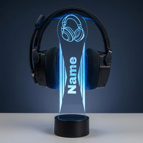 Personalisierte Kopfhörerhalterung mit LED – Headset Halter mit Name | Gaming Deko für Gamer & Zocker, Gamertag personalisierbar, 16 Farben, dimmbar, Fernbedienung, USB- oder Batteriebetrieb