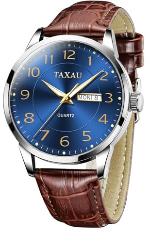 Taxau Armbanduhr Herren Leder Herrenarmbanduhren mit Licht Datum Herrenuhren Großes Ziffernblatt Blau wasserdichte Herrenuhr Lederband Analoge Armbanduhren für Herren Business