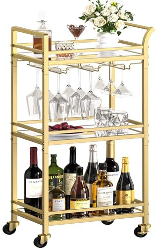 Barwagen, Servierwagen für Zuhause, Bar, kleiner Barwagen mit Weinglasregal, Getränkewagen auf Rädern, Weinwagen mit 3 Ebenen, Spiegelregal, Weinhalter, Glashalter für Küche, Esszimmer, Wohnzimmer