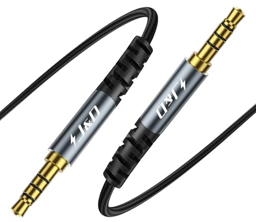 J&D 3.5 mm TRRS Cable, Nylon Braided Male to Male Aux Cable with Gold-Plated Connector Aluminum Alloy Shell for Headphones, Car Stereos and More, Grey, 2 m