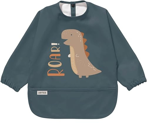 ARTEE Ärmellätzchen beschichtet wasserfest abwischbar Lätzchen mit Ärmeln, Baby, Wasserdichtes Lätzchen, ideal als Geschenk (Roar Dino, S)