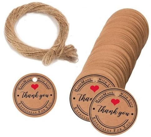 Geschenkanhänger,100 Stück Kraftpapier Rund Tags,Handmade with Love Anhänger Braun Geschenk Etiketten 3cm Labels mit Jutekordel 20 Meter für Geschenke und DIY-Projekte