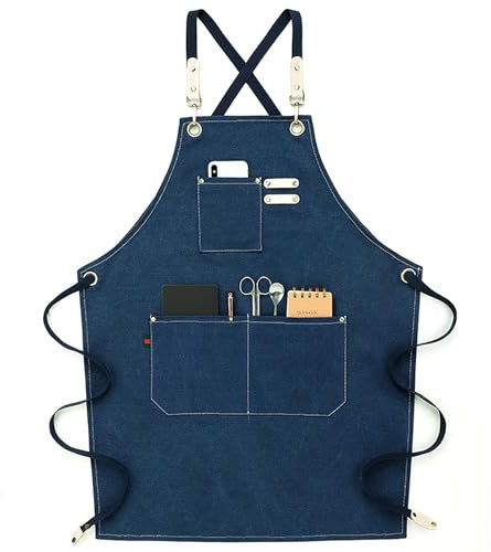 Küchenschürzen Für Männer Und Frauen, Baumwoll-Canvas Mit Überkreuztem Rücken, Verstellbare Arbeitsschürze Mit 3 Taschen, wasserdichte Schürze,One Size,F
