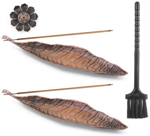 2 soportes para incienso de bronce, hojas de metal, quemador de incienso, cenizas adecuado para varillas de incienso, ideal para decoración de interiores, incluye mini escoba, 1 soporte para incienso