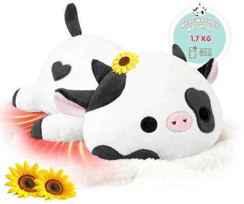 shownicer Wärmekissen Stofftier Kuh Wärme-Kuscheltier Erwärmen in der Mikrowelle Wärmendes Plüschkissen Gewichtstiere Plüschtier Geschenk für Erwachsene Kinder 3+ Jahre (50cm 1,7kg)