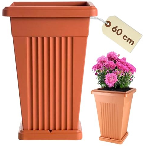 GarPet Pflanzkübel Groß Außen Pflanzkübel Pyramide Blumenkübel Groß Blumenkübel Outdoor Pflanzenkübel Rechteckig Pflanzsäule Blumentopf mit Untersetzer 60 Terracotta