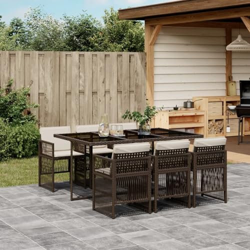 IKAYAA Polyrattan Gartenmöbel Set für 6 Personen, Garten Sitzgruppe, Rattan Essgruppe, Gartengarnitur, Sitzgarnitur, Terrassenmöbel Set, Gartentisch mit 6 Stühle & Kissen Braun und Creme Type-2