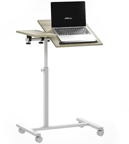 HOMCOM Mesa Auxiliar con Ruedas para Sofá 57x40x67,5-101 cm Roble y Blanco