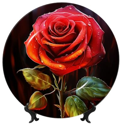 HJTRW Assiette décorative en porcelaine anglaise avec support de présentation en céramique - Rose rouge - Assiettes rondes à suspendre au mur - 15,2 cm