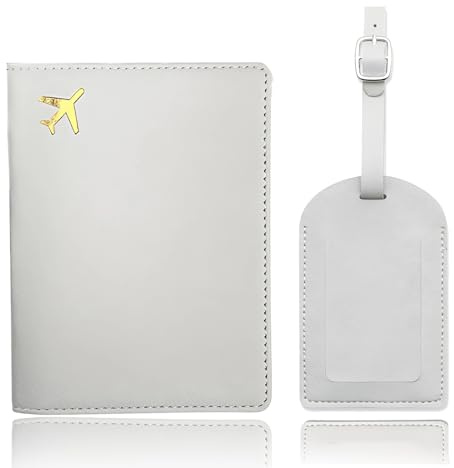 2 Stück Passport Hülle und Kofferanhänger Set, Leder Reisepasshülle und Leder Kofferanhänger für Reisezubehör und Reisegeschenke, Bordkarten, Kreditkarten, Ausweisbehälter (grau)