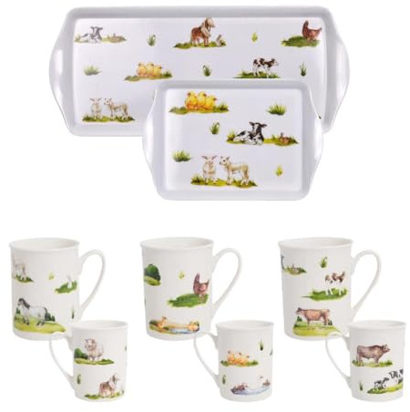 Set of 2 Serving Trays & 6 Mugs - Afternoon Tea Coffee Cake Drinks Food Snack Breakfast Board - Easy to Carry, Reusable Platter - Countryside Farm Yard Animals