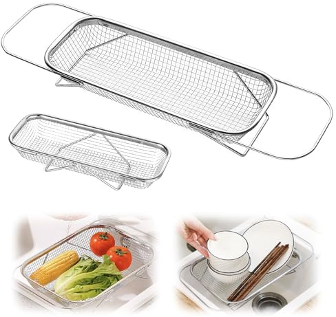 upgrade over the sink mesh colander expandable strainer stainless steel vegetable basket for kitchen sink (40 * 13 * 6.5cm)